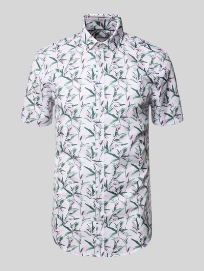 Produktfoto, Slim Fit Business-Hemd aus Baumwolle mit Kentkragen von Jake*s, weiß mit grün-rosa Allover-Blättermuster, glatte Struktur