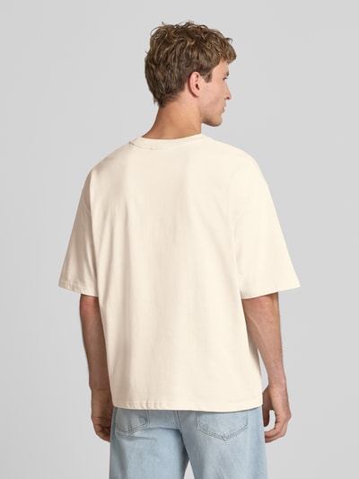 Męski t-shirt 'T-Shirt mit Label-Stitching und Rundhalsausschnitt' od REVIEW, bawełna, krój relaxed fit, wyhaftowane logo, okrągły dekolt, Długość tyłu w rozmiarze M: 69 cm, jasny odcień, gładka faktura, Ganzkörperansicht Rückansicht