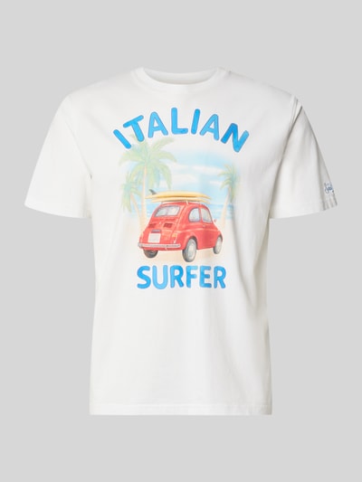 Produktfoto, t-shirt męski z bawełny o kroju regular fit, model 'DENVER' z nadrukiem z motywem, okrągły dekolt, długość tyłu w rozmiarze M: 68 cm, MC2 Saint Barth, biały z kolorowym nadrukiem, miękka faktura