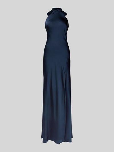 Produktfoto, Abendkleid mit Neckholder zum Binden von Mascara aus dunkelblauem Satin, körpernahe Passform, Maxilänge, Rückenausschnitt, Nahtreißverschluss, Rückenlänge 160 cm, Brustweite 42 cm, Größe 36