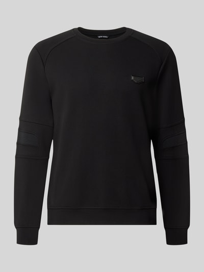 Produktfoto, Sweatshirt mit Label-Patch Modell 'NEUTER' von Antony Morato in Schwarz, taillierte Passform, gerippter Rundhalsausschnitt, glatte Textur, dezente Applikationen, verstärkte Ärmel, elastische Abschlüsse, Rückenlänge und Ärmellänge in Größe M.