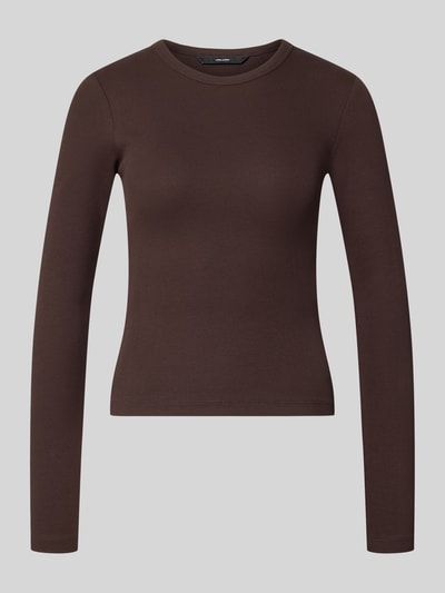 Produktfoto, braunes Slim Fit Langarmshirt aus Baumwoll-Mix Modell 'CHLOE' von VERO MODA, glatte Struktur, Damen Langarmshirt