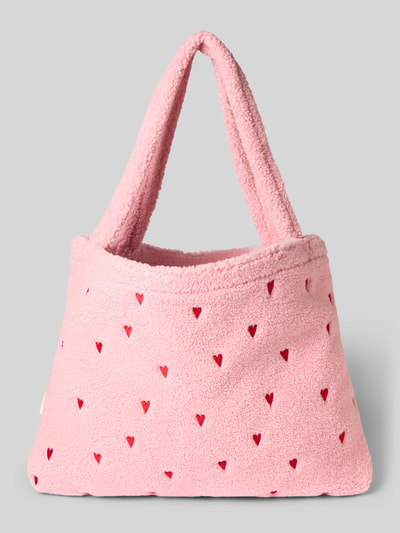 Produktfoto, Tote Bag mit Logo-Patch Modell 'Teddy' von Studio Noos aus rosa Teddy-Stoff mit roten Herzmustern, Allover-Logo-Stitching, sichtbares Logo-Patch, Maße: 60x42x8 cm, Schulterriemen 72 cm, Damen Tote Bag, offenes Hauptfach, Trageriemen.