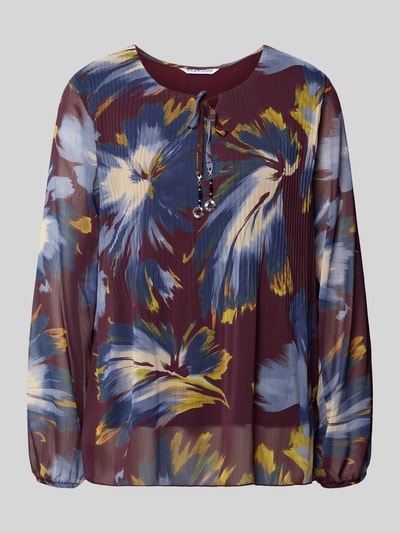 Produktfoto, Relaxed Fit Bluse mit Allover-Paisley-Print Modell 'Leonora' von ZABAIONE, bordeaux mit blauen und gelben Akzenten, transparente Textur, Zierschleife, langärmelig, Damen Bluse