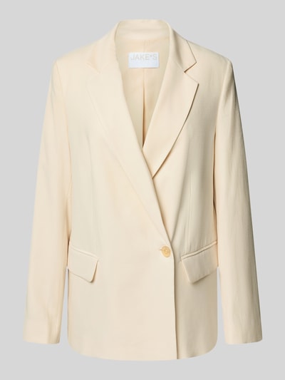 Produktfoto, Relaxed Fit Blazer aus Viskose-Mix mit Pattentaschen von Jake*s Collection in Creme, Reverskragen, glatte Textur, Ein-Knopf, Rückenlänge 69 cm, Brustweite 48 cm, Ärmellänge 64 cm.
