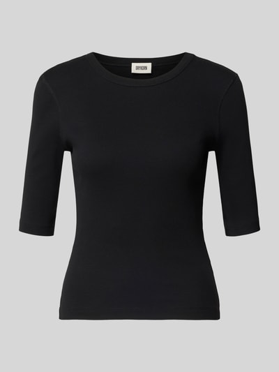 Produktfoto, schwarzes Damen T-Shirt in Ripp-Optik Modell 'SELAY' von DRYKORN aus reiner Baumwolle, Slim-Fit, Rundhalsausschnitt, 1/2-Arm, Rückenlänge 51 cm bei Größe S