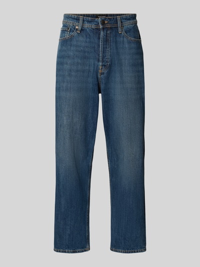 Produktfoto, gerade geschnittene blaue Straight Fit Jeans aus Baumwolle Modell 'ALEX ORIGINAL' von Jack & Jones auf grauem Hintergrund