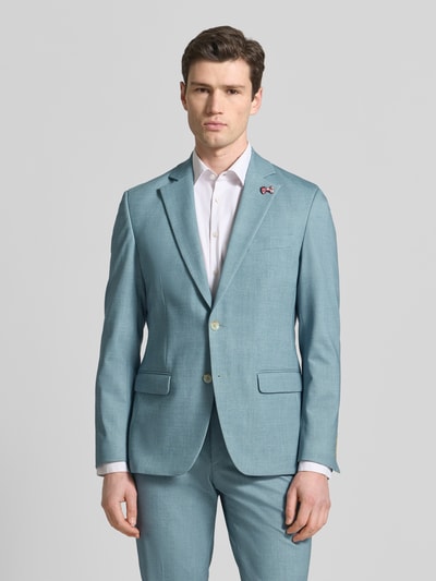 Männermodel trägt Slim Fit Anzug mit 2-Knopf-Sakko von Wilvorst in Hellblau, Material-Mix mit Baumwolle, Nahaufnahme Oberkörper