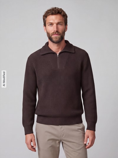 Selected Regular Fit Pullover aus reiner Baumwolle mit Troyer-Kragen Schoko 4