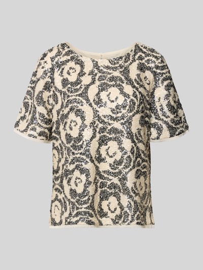 Produktfoto, Blusenshirt mit Paillettenbesatz und Rundhalsausschnitt von Comma, cremefarben, schwarzes Blumenmuster, Material-Mix mit Stretch-Anteil, gerader Schnitt, Rückenlänge 58 cm, Ärmellänge 26 cm für Damen.