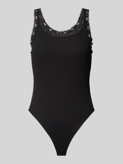 Produktfoto, zwarte slim fit body van katoenmix model 'VINI' van ONLY, Dames body van ONLY, effen stof met kanten details