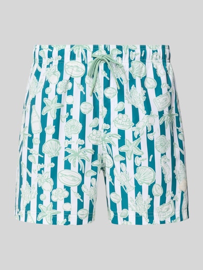 Productfoto, heren zwembroek in turquoise-witte kleuren met all-over look, elastische band, model 'MAUI VIBES NOVELTY' van Jack & Jones, regular fit