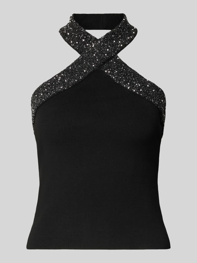 Produktfoto, Blusentop mit Neckholder von Mango im schwarzen Viskose-Mix, Slim-Fit, Paillettenbesatz, Rückenlänge 30 cm Größe S