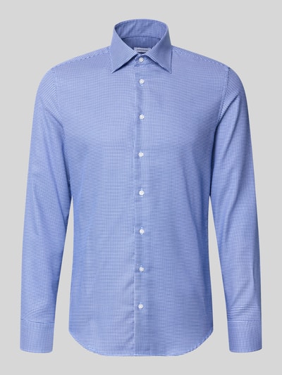 Produktfoto, Slim Fit Businesshemd aus reiner Baumwolle von Seidensticker in Blau mit feinem Karo-Muster, weiße Knöpfe, glatte Textur