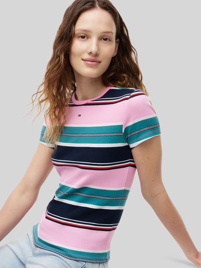 Tommy Jeans slim fit T-shirt van katoenmix in ribtricot Felroze - 3