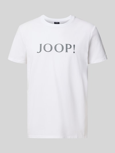 Produktfoto, T-Shirt mit Logo und Rundhalsausschnitt von JOOP! Collection, mieszanka bawełny i elastanu, krój regular fit, długość tyłu 69 cm w rozmiarze M, kolor biały, gładka faktura