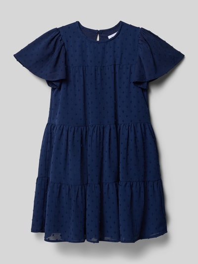Produktfoto, Regular Fit Kleid mit Strukturmuster von DANAMADE, kinder, dunkelblau, Rundhalsausschnitt, Raffung, kurzärmelig, Rückenlänge 65 cm, Ärmellänge 16 cm, weiche Oberflächenstruktur