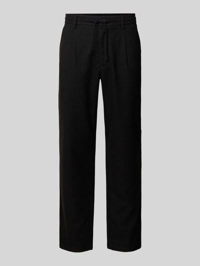 Produktfoto, Slim Fit Stoffhose mit Viskose-Anteil von Lindbergh, schwarze Farbe, Strukturmuster, Bundfalten, Elastischer-Material-Mix, Tunnelzug, Knopf-Reißverschluss, Eingrifftaschen, Gesäßtaschen, ideal für Herren, Bundweite 41 cm, Innenbeinlänge 76 cm, Frontansicht