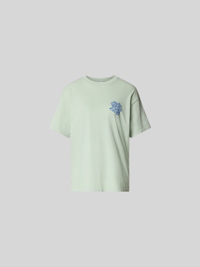 Produktfoto, Oversized T-Shirt mit Logo-Print von Anine Bing aus reiner Baumwolle im Oversized-Fit, pastellgrün, kurzer Ärmel, Rundhalsausschnitt, Rückenlänge bei Größe S 62 cm, leichter Stoff mit glatter Textur