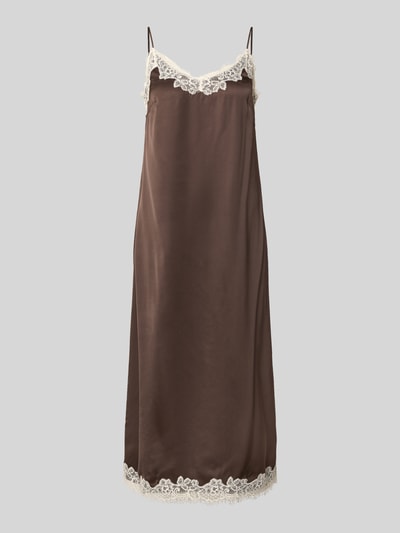 Produktfoto, Midikleid aus Viskose mit Spitzenbesatz von Jake*s Collection in Braun, A-Linie, weiße Spitzen, glänzende glatte Textur.