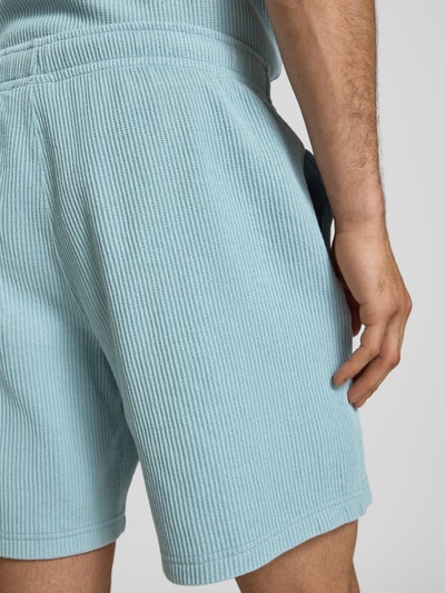 Männermodel trägt Shorts mit Strukturmuster und elastischem Bund von CHAMPION, Baumwoll-Mix, hellblau, Regular Fit, Nahaufnahme Rückansicht.