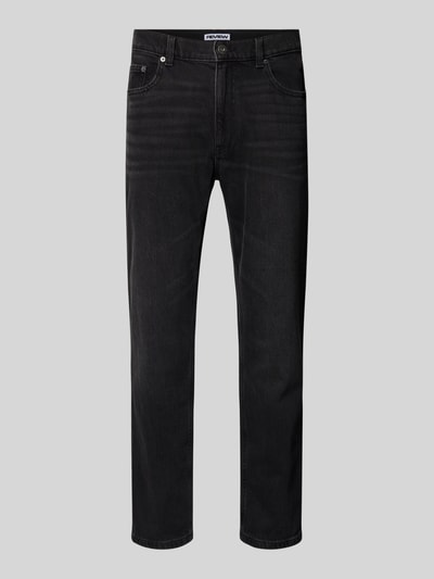 Produktfoto, Straight Fit Jeans im Five-Pocket-Design von REVIEW in schwarzer Waschung, Baumwoll-Elasthan-Mix, klassische Form, frontale Ansicht