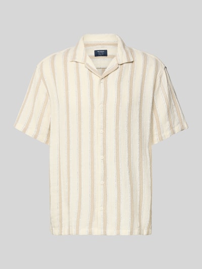 Produktfoto, Regular Fit Freizeithemd mit Kentkragen von MCNEAL aus Baumwoll-Mix in Beige mit weißen und braunen Streifen, Knopfleiste, kurze Ärmel