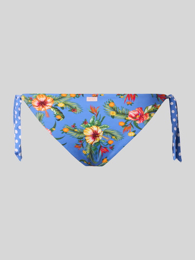 Produktfoto, Bikini-Höschen im Allover-Look Modell 'DOLCEVITA BOA' von Banana Moon in Blau mit bunten Blumen und seitlicher Schnürung, Material-Mix mit Stretch-Anteil, körpernahe Passform.