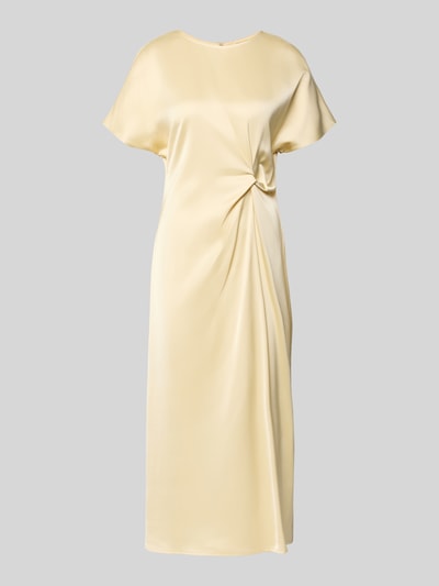 Productfoto, Cocktailkleid mit Raffung und Kappärmeln van Christian Berg Cocktail, lichtgele kleur, glad viscose-mix, getailleerde fit, midi-lengte, ronde halslijn, kapmouwen, geraffineerd detail, keyhole-sluiting achter, haak- en ritssluiting, lengte 122 cm, borstwijdte 41 cm, mouwlengte 20 cm