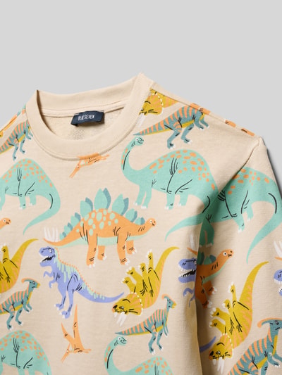 Produktfoto, Regular Fit Sweatshirt mit Allover-Motiv-Print von Blue Seven in Beige, Reine Baumwolle, farbenfroher Dinosaurier-Print, Rundhalsausschnitt, elastische Abschlüsse
