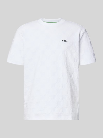 Produktfoto, weißes Regular Fit T-Shirt aus Baumwoll-Mix Modell 'TS_MEMBER' von BOSS Green, feines Strukturmuster, Label Print, Rundhals, Kurzarm, Unifarbe, Jersey-Textur