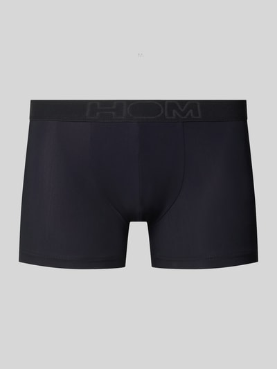 Produktfoto, Boxershorts mit elastischem Logo-Bund von HOM in Schwarz mit dezentem Glanz, Material-Mix mit Stretch-Anteil, körpernaher Schnitt