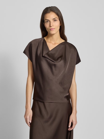 Neo Noir Blouseshirt-van satijn met cascadehals, model 'Annabeth' Donkerbruin - 4
