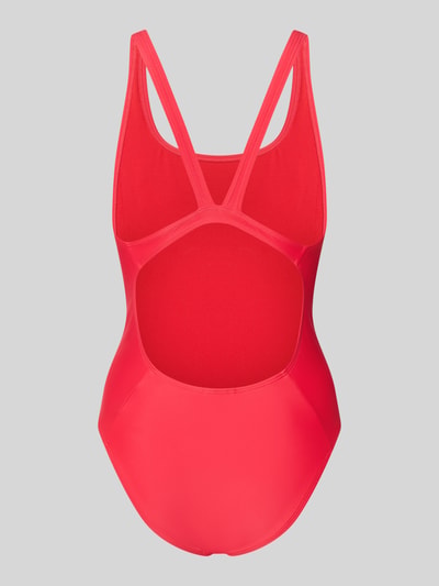 Frauenmodel trägt Slim Fit Sportbadeanzug mit Logo-Print von adidas Sportswear, Optik: Unifarben, Materialverarbeitung: Stretch, Ganzkörperansicht Rückansicht.