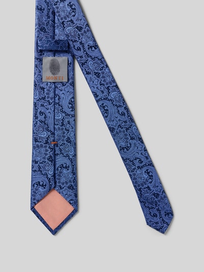 Produktfoto, Seidenkrawatte mit Paisley-Muster von MONTI in Blau mit klassischer Form, Reine Seide, Schlaufe, Label-Detail, 7 cm Breite