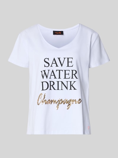 Produktfoto, T-Shirt mit Statement-Print von miss goodlife, weiß, Baumwoll-Elasthan-Mix, lockerer Schnitt, V-Ausschnitt, goldener Print