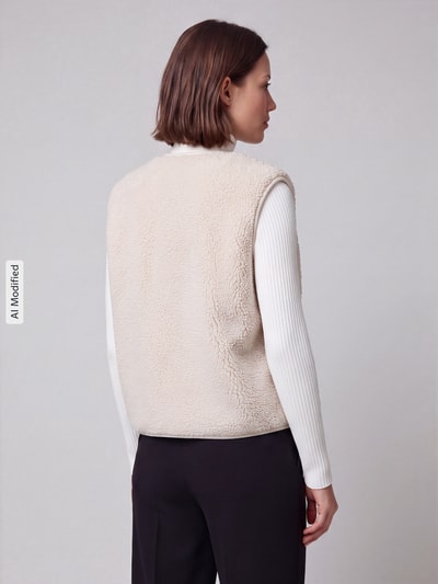 Frauenmodel trägt Regular Fit Weste mit Logo-Detail von Jake*s Casual in Creme mit strukturierter Oberfläche, Ganzkörperansicht Rückansicht, KI-modifiziertes Bild.