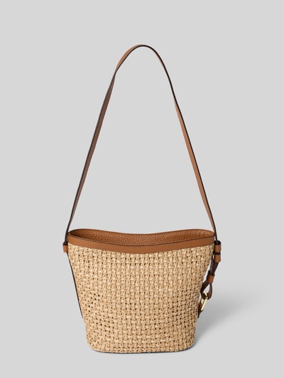 Produktfoto, Handtasche mit Schulterriemen Modell 'COSMO' von Abro aus beigem, geflochtenem Material mit braunen Leder-Details, Hauptfach mit Reißverschluss, Label-Detail, Maße: Breite 29 cm, Länge 25 cm, Tiefe 13 cm, Schulterriemen 94 cm