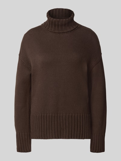 Produktfoto, Relaxed Fit Strickpullover aus reiner Baumwolle mit Rollkragen von MOS MOSH in Dunkelbraun, grobe Struktur, elastische Abschlüsse
