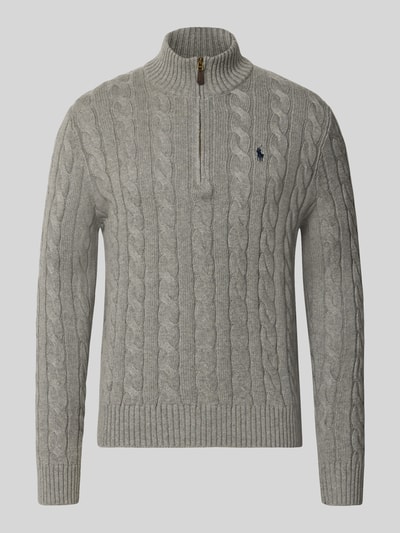 Produktfoto, Relaxed Fit Troyer aus reiner Baumwolle von Polo Ralph Lauren, grau meliert, grobe Strickstruktur, Zopfmuster, goldfarbener Reißverschluss.