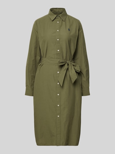 Produktfoto, Sukienka midi z mieszanki bawełny i lnu z kołnierzykiem koszulowym, listwą guzikową, paskiem w talii i wyhaftowanym logo Polo Ralph Lauren, kolor oliwkowy, taliowany krój, długość tyłu 112 cm, szerokość klatki piersiowej 52 cm, długość rękawów 63 cm, rozmiar 36.