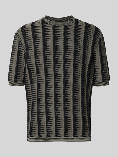 Produktfoto, T-Shirt in Strick-Optik von Emporio Armani aus reiner Baumwolle, lockere Passform, grau-schwarz gestreiftes Muster, Rundhalsausschnitt, kurzärmelig, elastische Abschlüsse