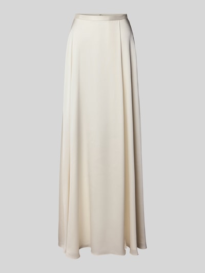 Produktfoto, Relaxed Fit Abendkleid mit Gehschlitz von Jake*s Cocktail aus cremefarbenem Satin mit fließender Textur, Bundweite 34 cm, Gesamtlänge 121 cm.