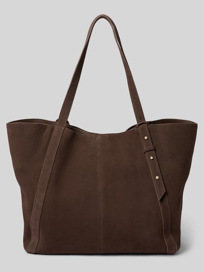 Produktfoto, Handtasche aus kalfsleer mit labeldetail Modell 'Pretty Wonder' von Hey Marly in donkerbruin, magneetsluiting, hoofdvak, lange hengsels, ritsvak binnenin, breedte maat 1: 40 cm, lengte: 33 cm, diepte: 17 cm, schouderband lengte: 58 cm
