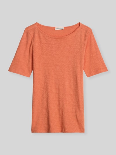 Produktfoto, Regular Fit T-Shirt aus reiner Baumwolle von Marc O'Polo, Damen T-Shirt in Optik: Unifarben, U-Boot-Ausschnitt, Kurzarm, Material: Reine Baumwolle, sanfte orangefarbene Töne, glatte Baumwoll-Textur