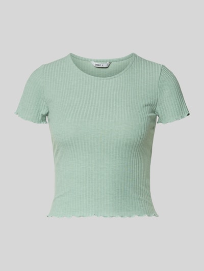 Produktfoto, Slim Fit T-Shirt mit Viskose-Anteil Modell 'EMMA' von Only in Mintgrün, gestreifte Struktur, kurze Ärmel, Frill-Abschlüsse, Jacquard Stretch