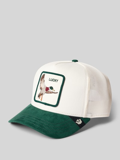 Produktfoto, Trucker Cap mit Motiv-Patch Modell 'Suede Duck' von GOORIN BROS., grüne und weiße Farben, Baumwoll-Material-Mix, verstärkter Schirm, größenverstellbar, Enten-Stickerei, strukturierte Netz-Textur