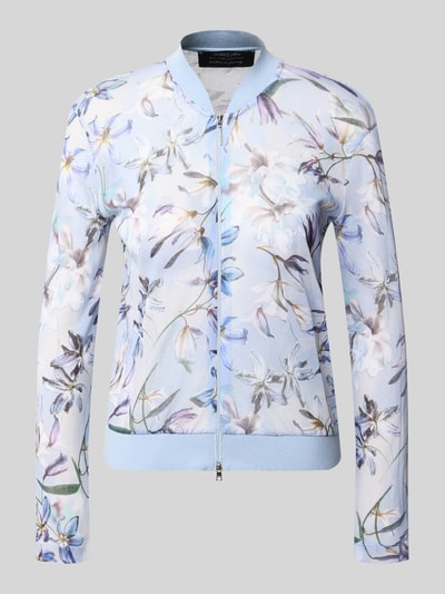 Produktfoto, Strickjacke mit Zweiwege-Reißverschluss von Marc Cain, mieszanka bawełny, prosty krój, prążkowana stójka, prążkowane wykończenia, długość tyłu w rozmiarze 36: 55 cm, długość rękawów w rozmiarze 36: 78 cm, pastelowe kolory, kwiatowy wzór, lekka tekstura