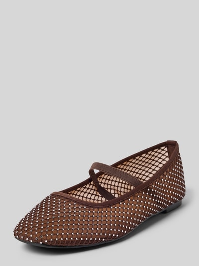 Productfoto, Ballerina in Mesh-Optik van BIANCO in bruin, mesh-look met strass-steentjes, riempje, gladde zool, hakhoogte 1 cm, schachthoogte 7 cm, schachtbreedte 20 cm