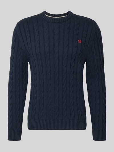 Produktfoto, Slim Fit Pullover in Strick-Optik von Superdry aus reiner Baumwolle, navyfarben, Rundhalsausschnitt, elastische Abschlüsse